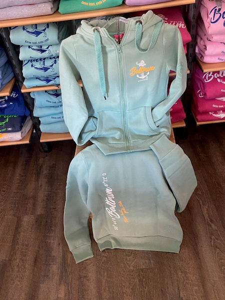 Baltrum Damen Hoodie-Jacke "Salbei mit weiß und orange"