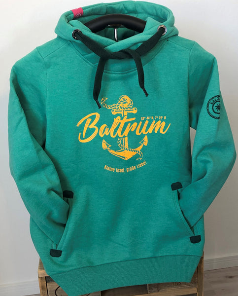 Baltrum Damen Hoodie Anker Vintage "in Mint mit orange Druck"