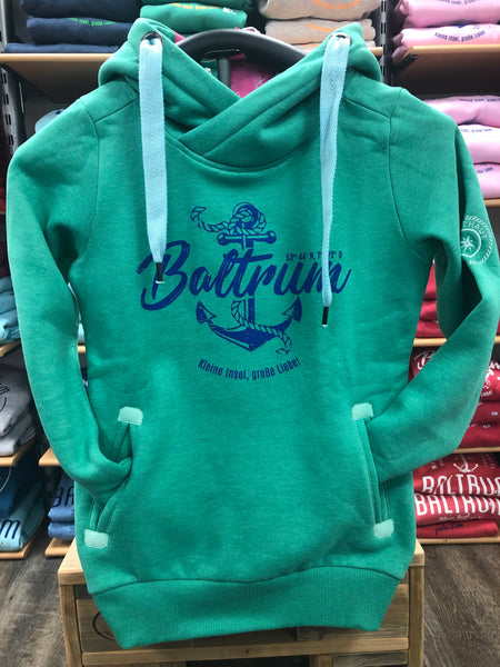 Baltrum Damen Hoodie Anker Vintage "in Mint mit blauem Druck"