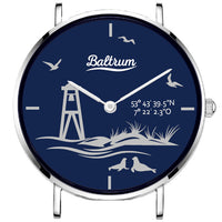 Baltrum Uhr mit blauem Lederband und blauem Ziffernblatt