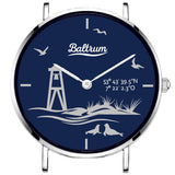 Baltrum Uhr mit blauem Lederband und blauem Ziffernblatt