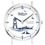 Baltrum Uhr mit blauem Band und weißem Ziffernblatt